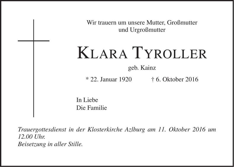 Traueranzeige Klara Tyroller