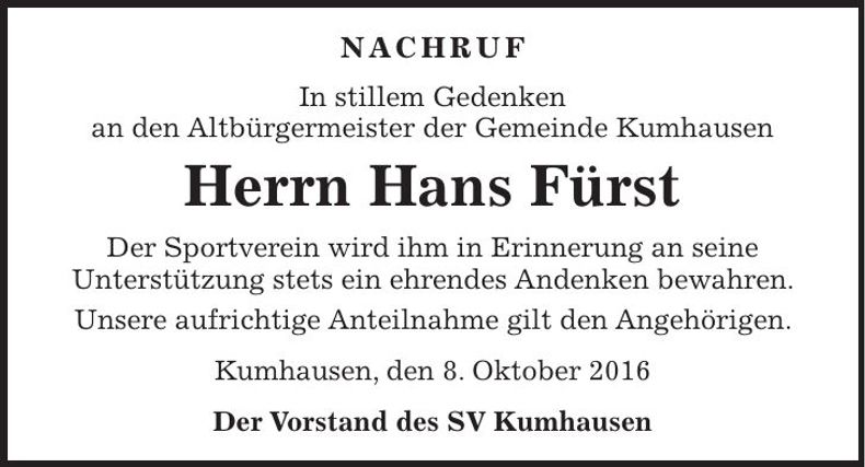 Traueranzeige Hans Fürst