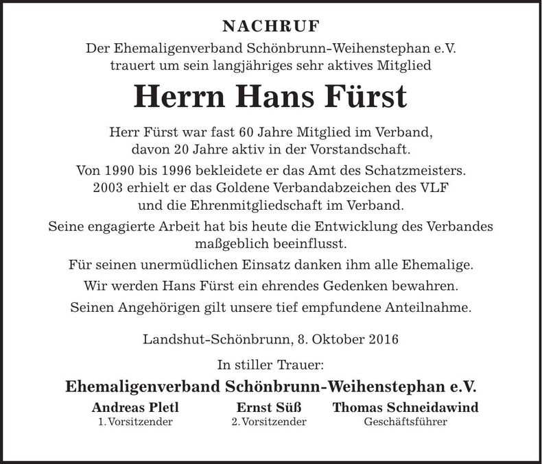 Traueranzeige Hans Fürst