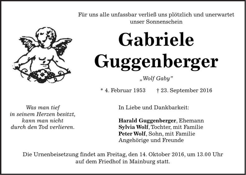 Traueranzeige Gabriele Guggenberger
