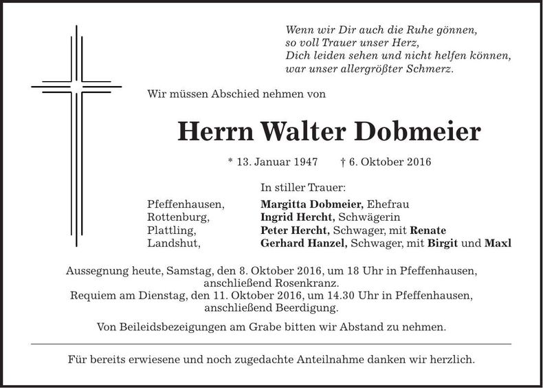 Traueranzeige Walter Dobmeier