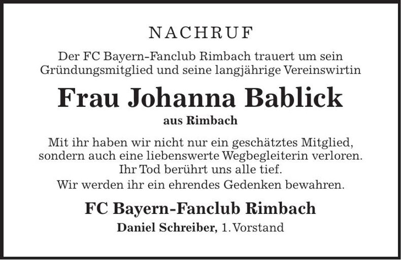 Traueranzeige Johanna Bablick