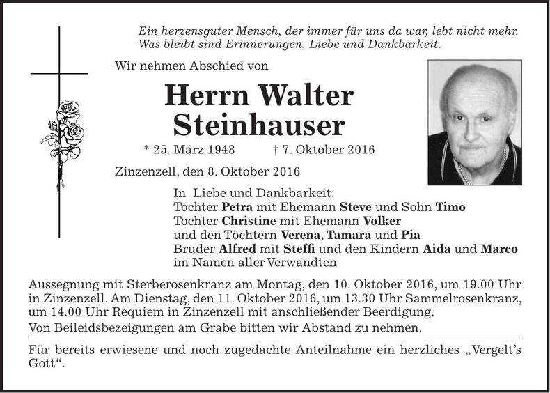 Traueranzeige Walter Steinhauser