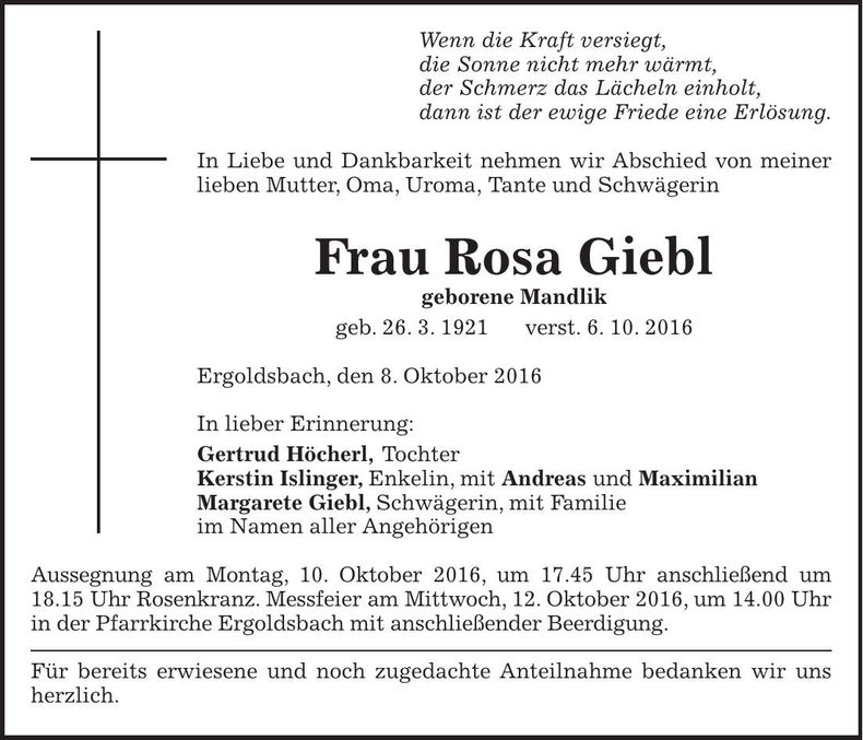 Traueranzeige Rosa Giebl