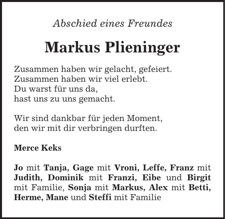 Traueranzeige Markus Plieninger