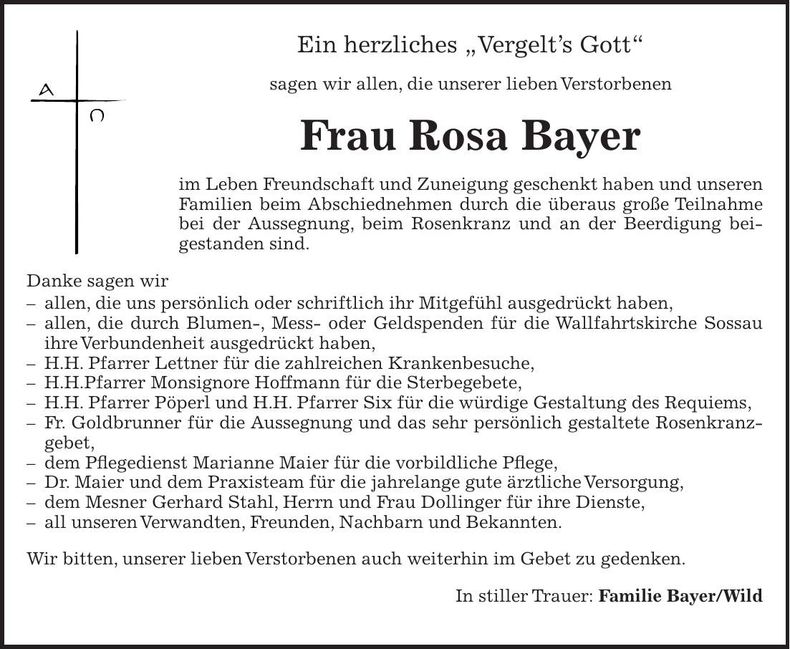 Traueranzeige Rosa Bayer