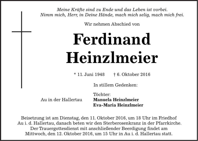 Traueranzeige Ferdinand Heinzlmeier