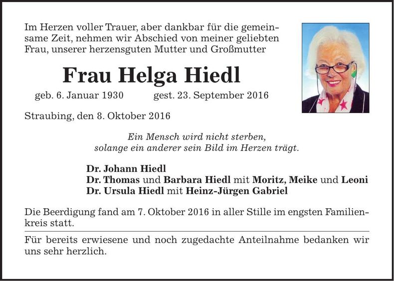 Traueranzeige Helga Hiedl