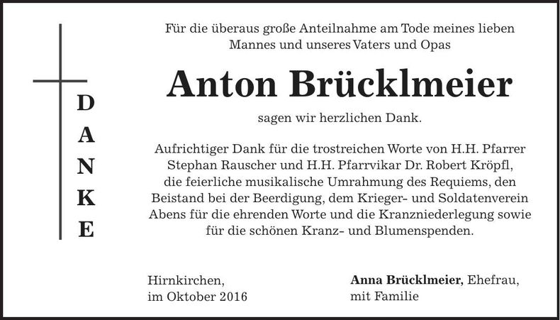 Traueranzeige Anton Brücklmeier