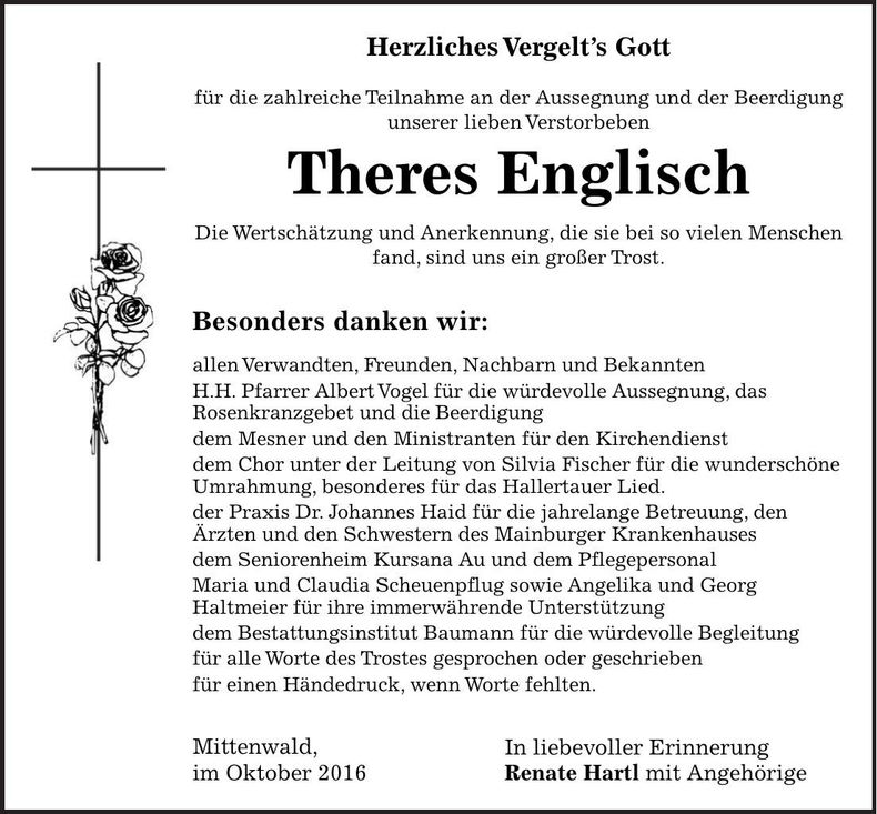 Traueranzeige Theres Englisch