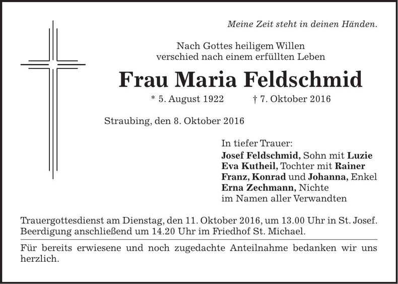 Traueranzeige Maria Feldschmid