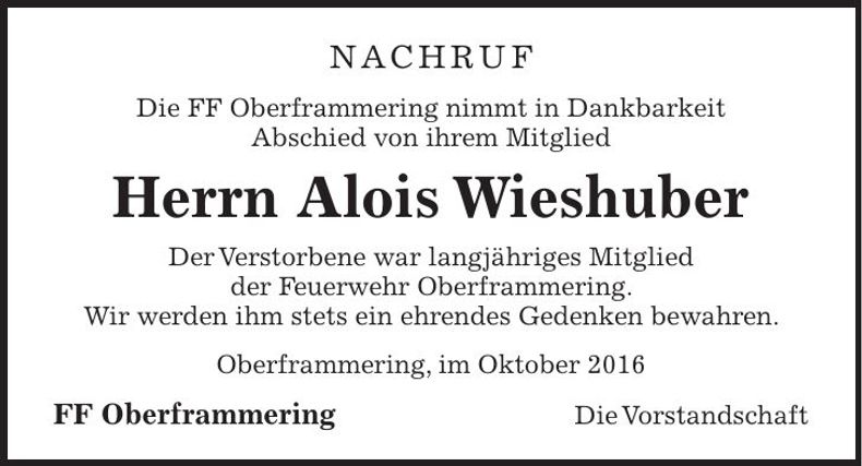 Traueranzeige Alois Wieshuber