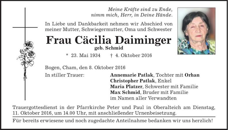 Traueranzeige Cäcilia Daiminger