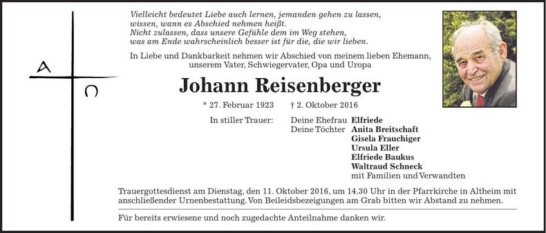 Traueranzeige Johann Reisenberger