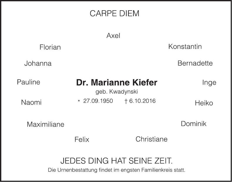 Traueranzeige Dr. Marianne Kiefer