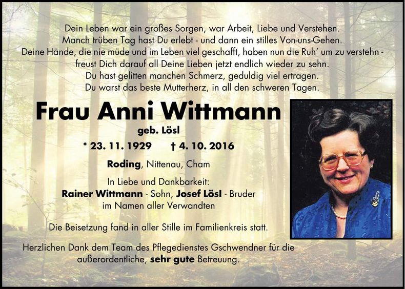 Traueranzeige Anni Wittmann