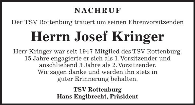 Traueranzeige Josef Kringer