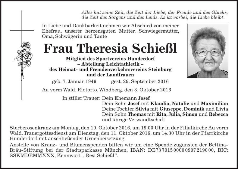 Traueranzeige Theresia Schießl