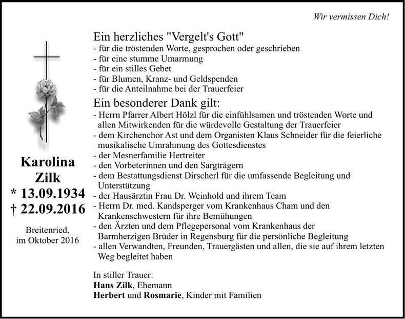 Traueranzeige Isabella Zilk