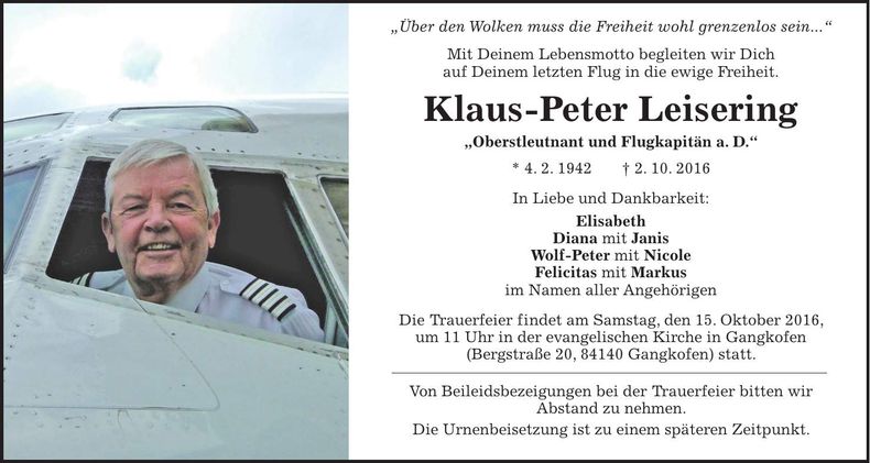 Traueranzeige Klaus-Peter Leisering