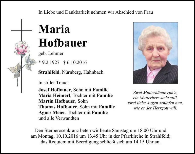 Traueranzeige Maria Hofbauer