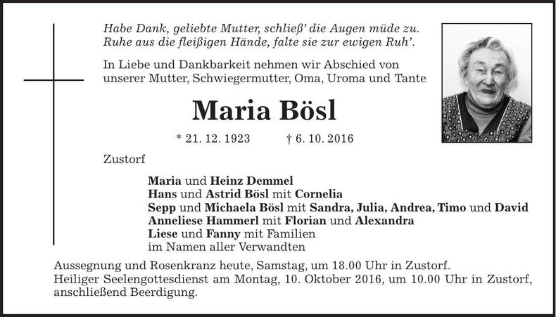 Traueranzeige Maria Bösl