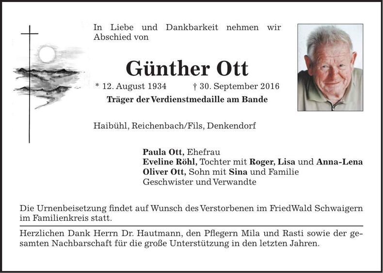 Traueranzeige Günther Ott