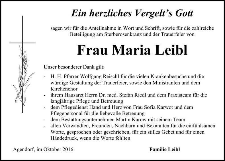 Traueranzeige Maria Leibl