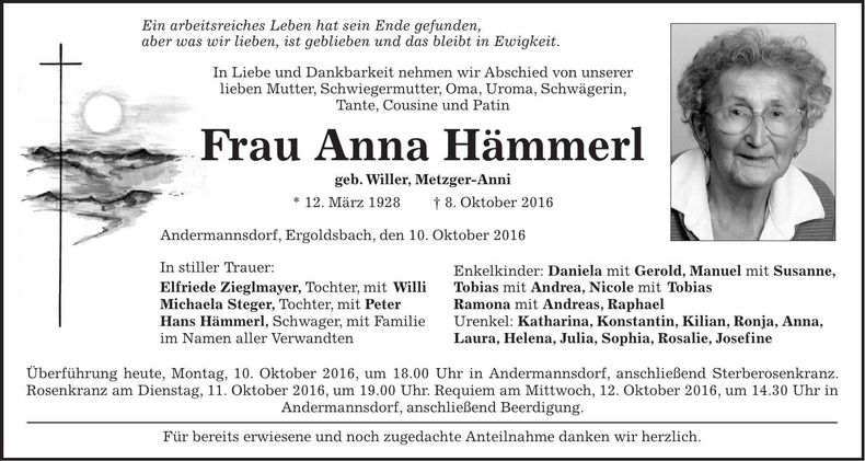 Traueranzeige Anna Hämmerl