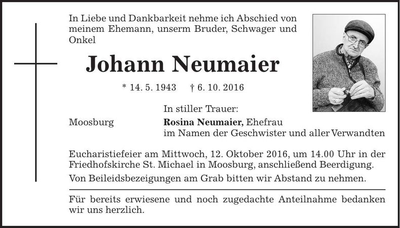 Traueranzeige Johann Neumaier