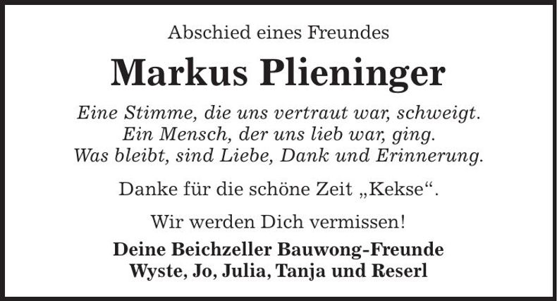 Traueranzeige Markus Plieninger