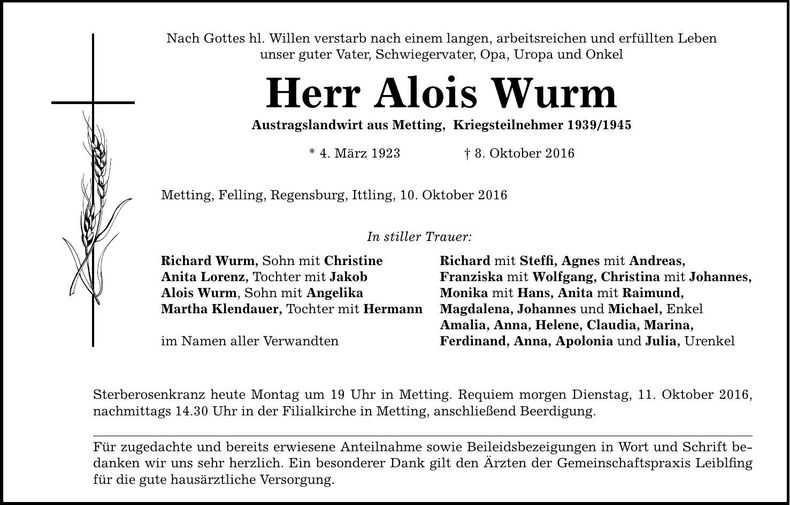 Traueranzeige Alois Wurm