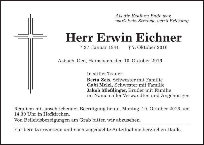 Traueranzeige Erwin Eichner