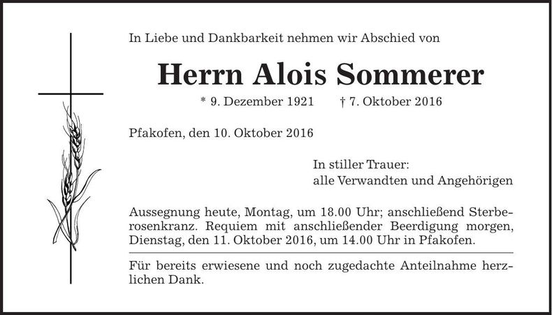 Traueranzeige Alois Sommerer