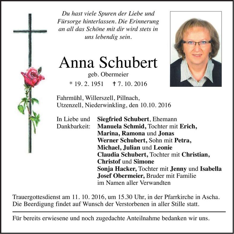 Traueranzeige Anna Schuber