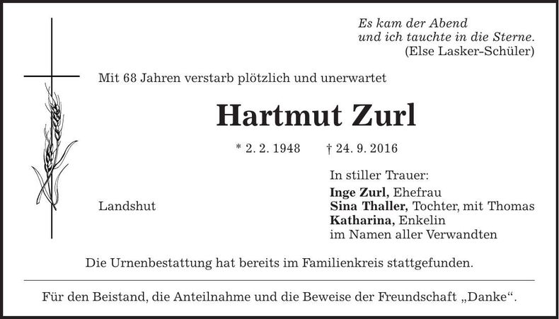 Traueranzeige Hartmut Zurl