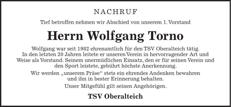 Traueranzeige Wolfgang Torno