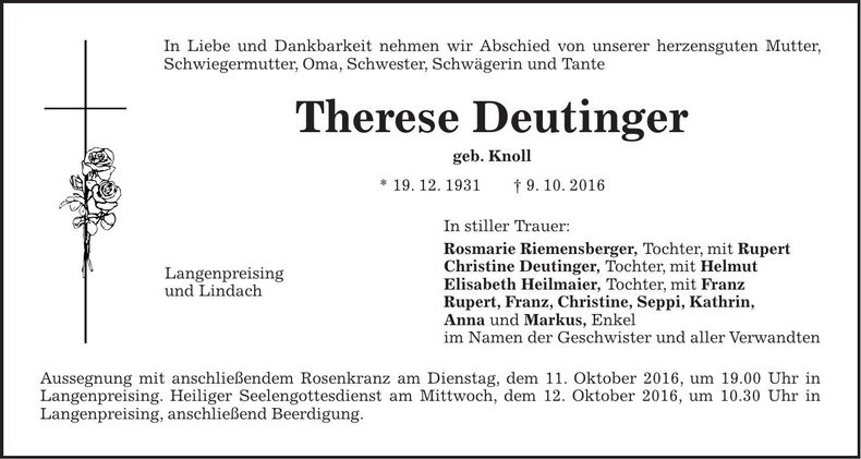 Traueranzeige Therese Deutinger