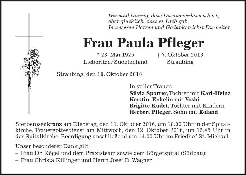 Traueranzeige Paula Pfleger