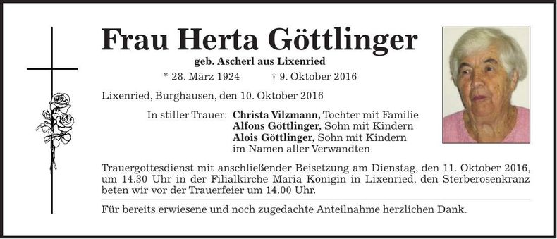 Traueranzeige Herta Göttlinger