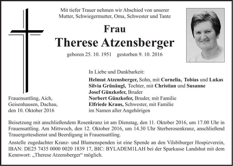Traueranzeige Therese Atzensberger