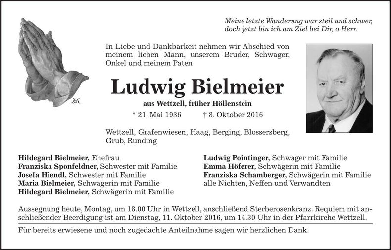 Traueranzeige Ludwig Bielmeier