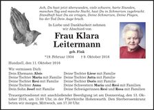 Traueranzeige Klara Leitermann