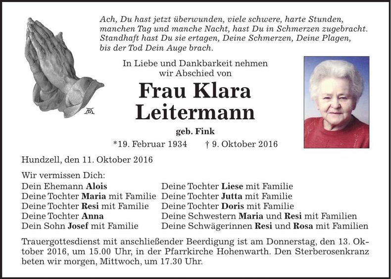 Traueranzeige Klara Leitermann