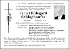 Traueranzeige Hildegard Schlaghaufer