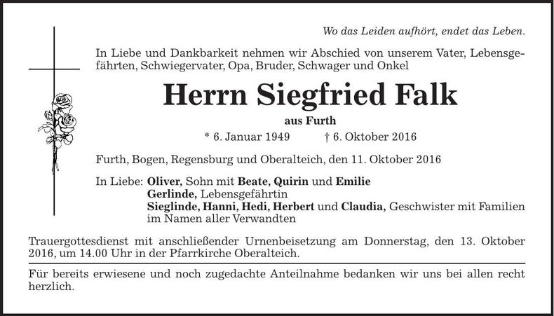 Traueranzeige Siegfried Falk