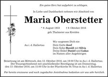 Traueranzeige Maria Oberstetter