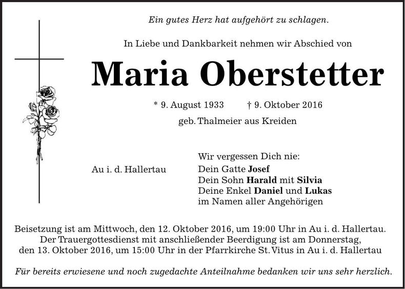 Traueranzeige Maria Oberstetter