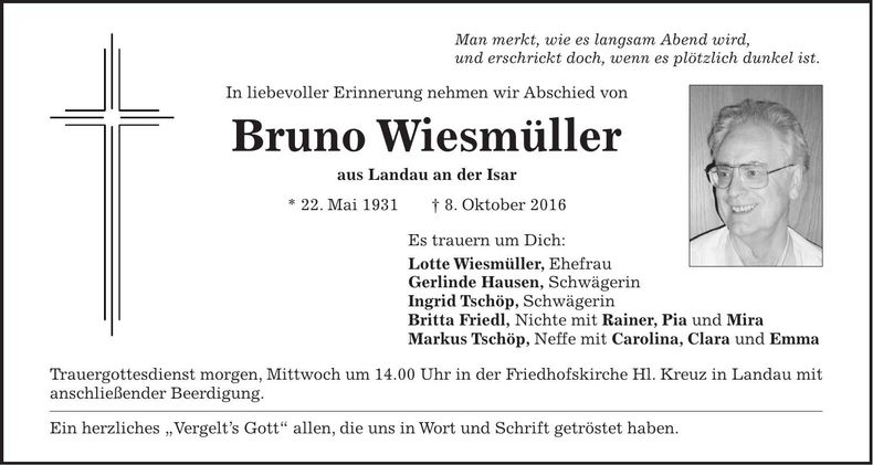 Traueranzeige Bruno Wiesmüller