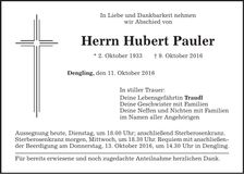 Traueranzeige Hubert Pauler
